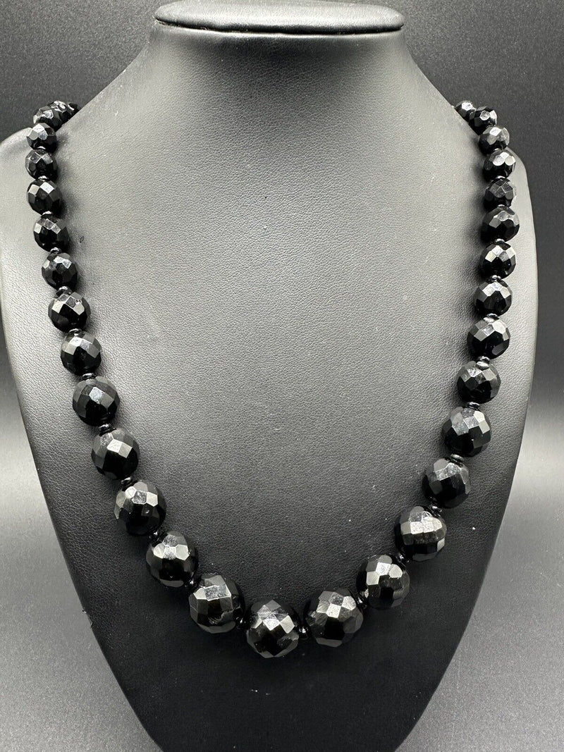 Vintage Jet Black Glass Faceted Graduated Bead Strand Necklace 30” LONG