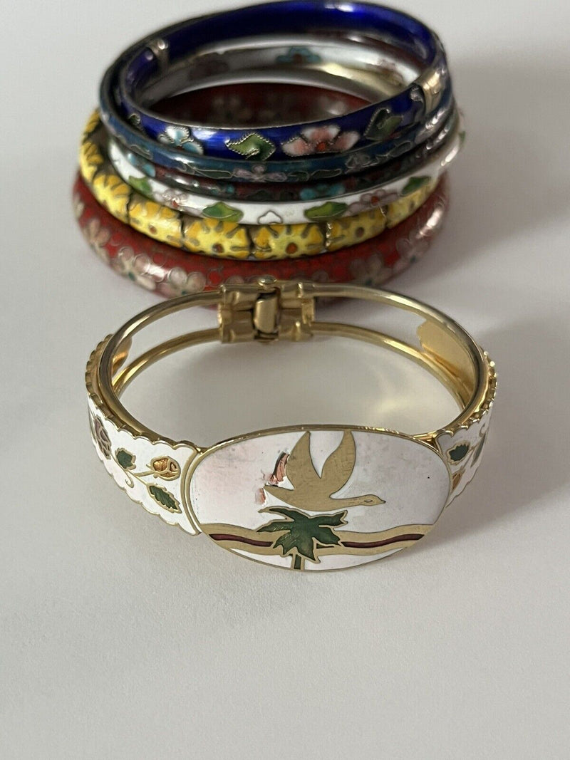 Vintage Cloisonne Enamel Floral Bangle Hinged Bracelet Lot Of 7