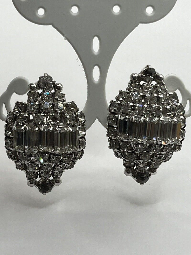 Vintage High-End Domed Baguette Elegant Rhinestone Clip On Earrings 1.5"