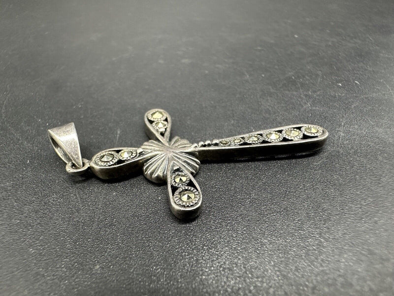 Sterling Silver Marcasite Cross Pendant Charm Patina Vintage 925 1.75”