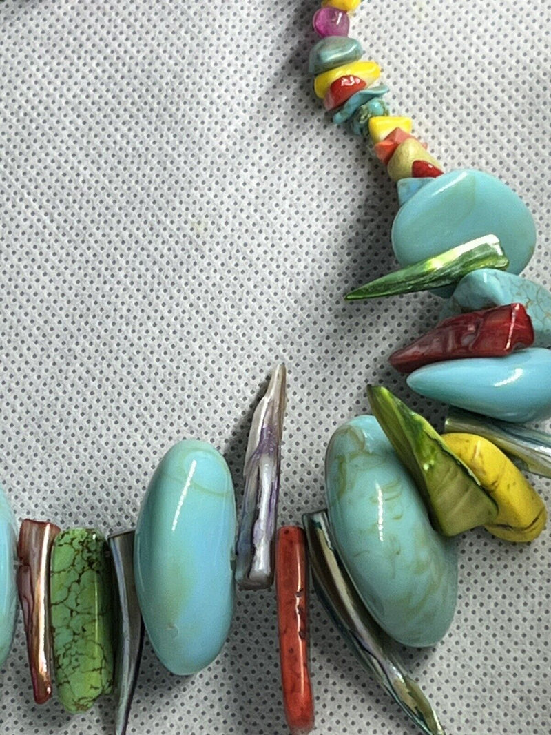 Faux Turquoise Mother Of Pearl Multi Stone Necklace 16-18” Long