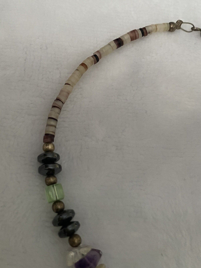 Vintage Purple Amethyst Heishi Shell Hematite Gemstone Bead Necklace 19" long