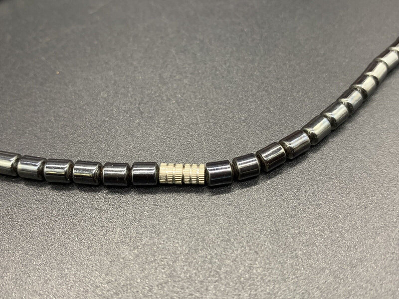 Black Steel Hematite Carnelian Bead Necklace 18”