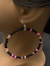 Handmade Crazy Mix Hoop Bead Earrings Seed Bead Pink Black 2.5"