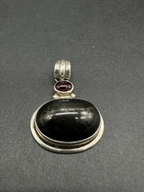 Estate Sterling Silver Natural Black Onyx Garnet Pendant 13Gs