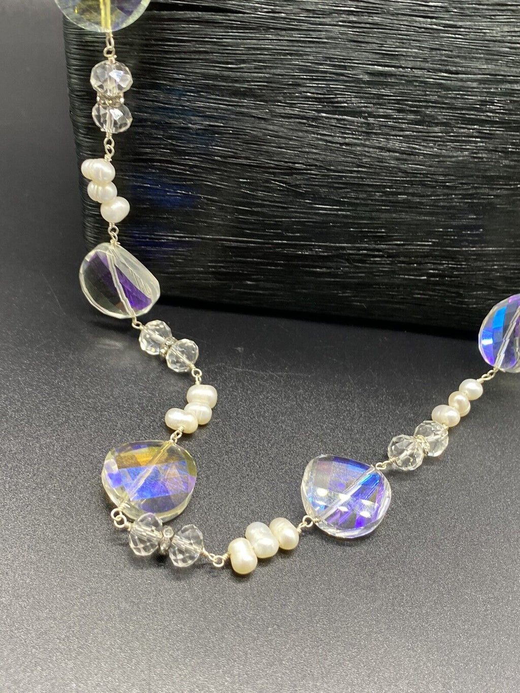Vintage Silver Aurora Borealis 925 Sterling Silver Bead Pearl Necklace 17-18"