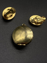 Vintage Cameo Locket and Earrings Three Women Graces Gold Tone