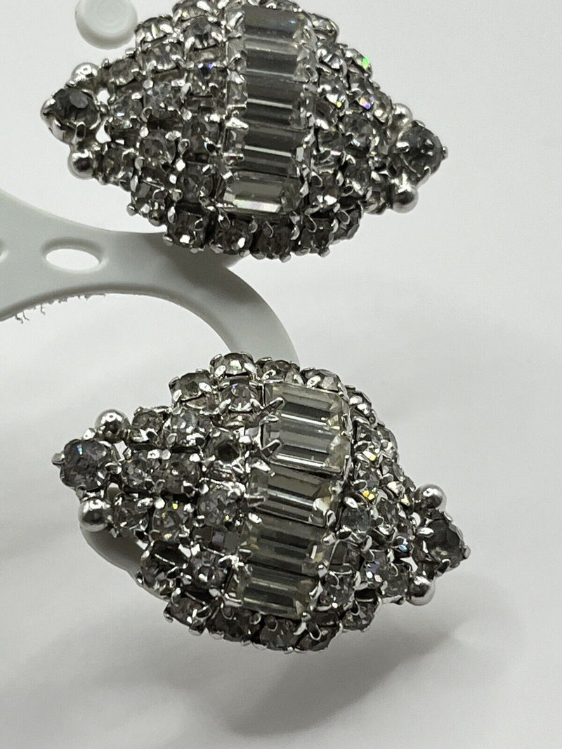 Vintage High-End Domed Baguette Elegant Rhinestone Clip On Earrings 1.5"