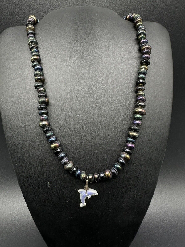 Peacock? Pearl Beaded Necklace w/ Dolphin Pendant Sterling  Silver Clasp 15”
