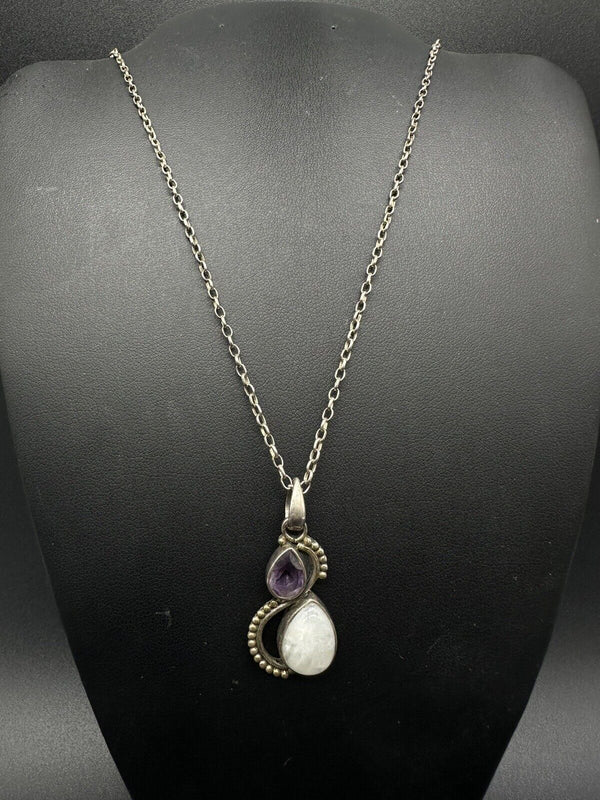 Natural Moonstone & Amethyst Pendant Pear drop gemstone Pendant 17” 8Gs