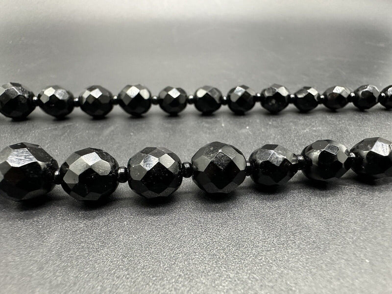Vintage Jet Black Glass Faceted Graduated Bead Strand Necklace 30” LONG