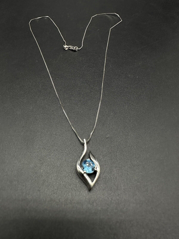 Sterling Silver  Necklace Aquamarine Blue Gemstone Birthstone Pendant 18” 3Gs