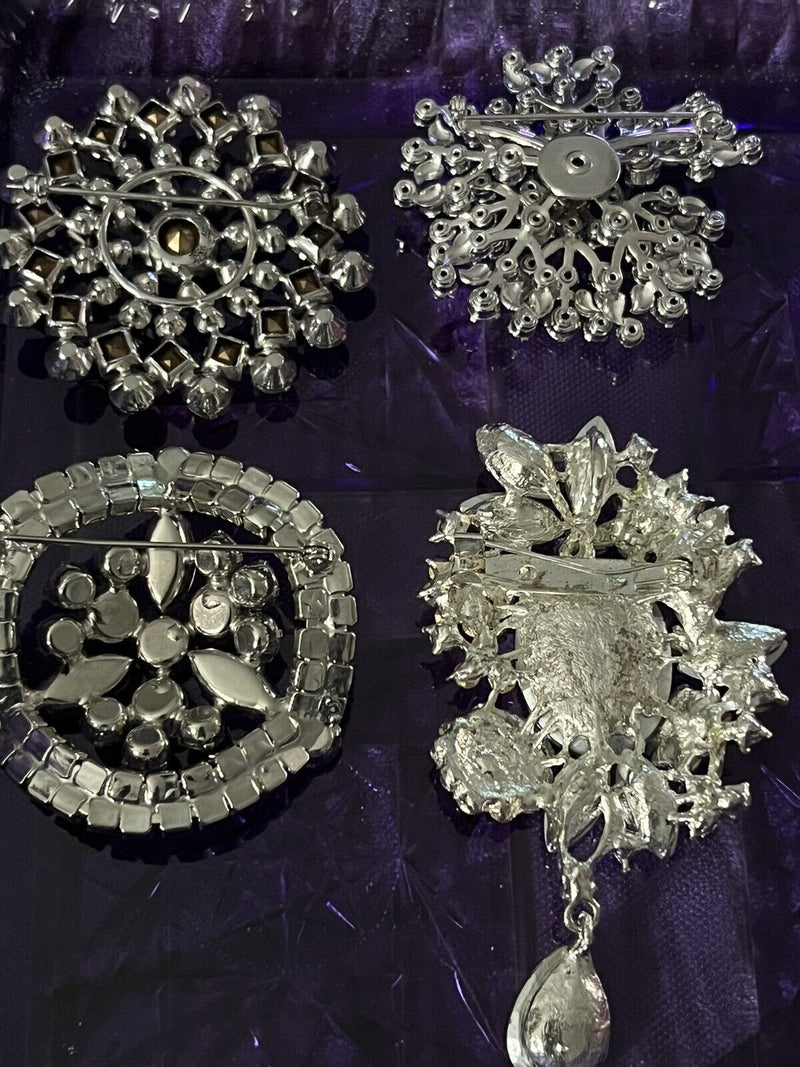 Vintage Silver Tone Unsigned Rhinestone Crystal Ice Brooch Pin Lot of 4