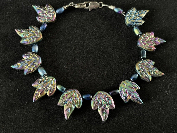 Metallic Carved Leaf Rainbow Hematite Sterling Silver Bead Bracelet 7.5”