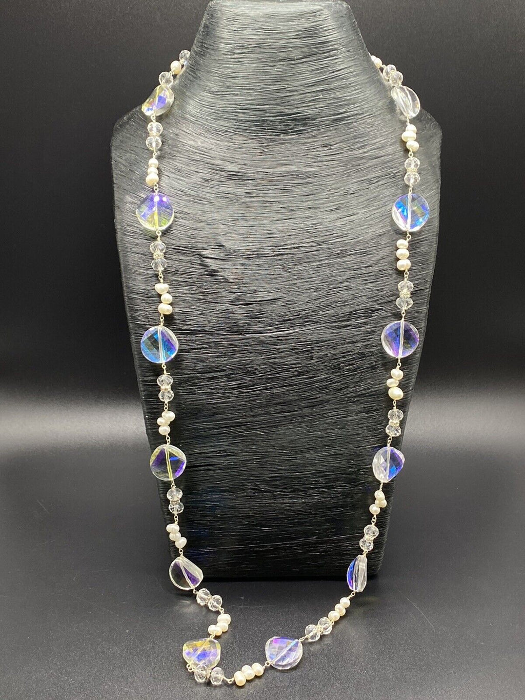 Vintage Silver Aurora Borealis 925 Sterling Silver Bead Pearl Necklace 17-18"