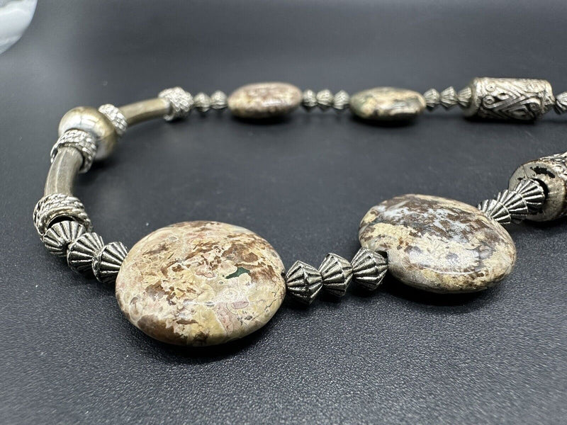 Vintage Silver Tone Jasper? Flat Beaded Necklace Tribal Carved  22”
