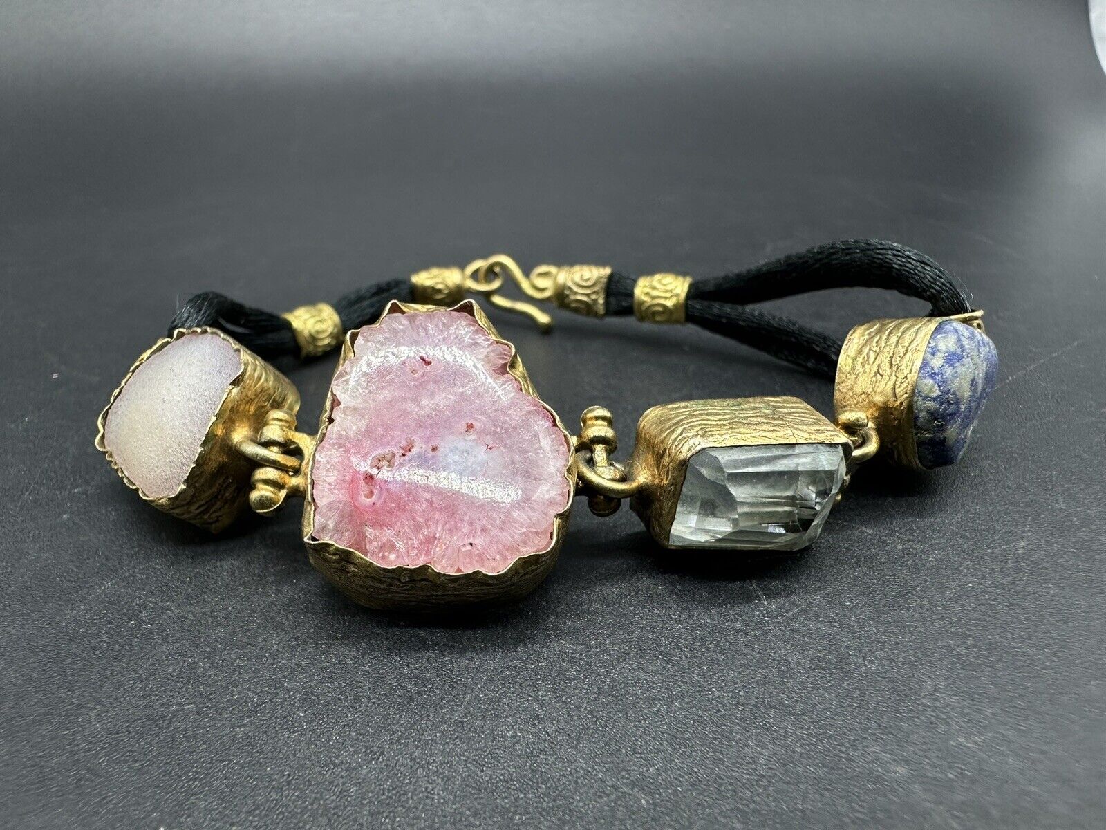 Raw Rose Druzy Quartz Bronze?Multi Gemstone Bracelet 23Gs