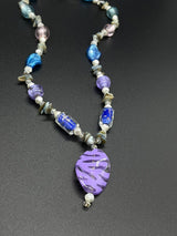 Vintage Art Foil Glass Beads Pendant Necklace 18" Long Purple Blue Pink