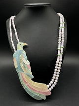 Vintage Signed Karla Jordan Large MOP Bird Glass Bead & Pearl Necklace 29”