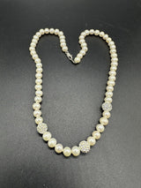 Sterling Silver Freshwater Pearls Pave Bead Necklace 17”