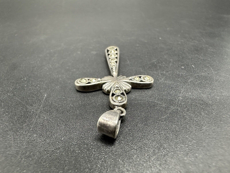 Sterling Silver Marcasite Cross Pendant Charm Patina Vintage 925 1.75”