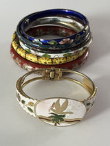 Vintage Cloisonne Enamel Floral Bangle Hinged Bracelet Lot Of 7