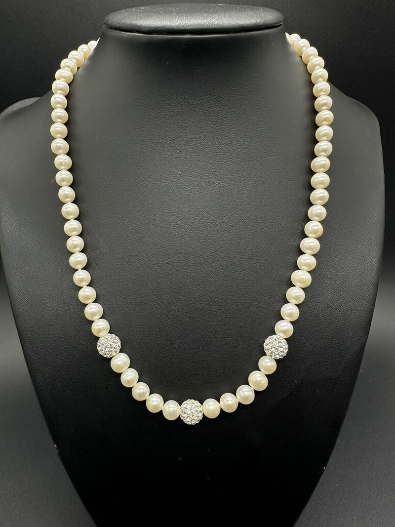 Sterling Silver Freshwater Pearls Pave Bead Necklace 17”