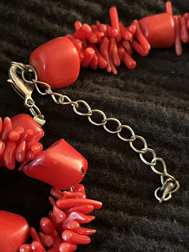 Red Coral Nugget Branch Silver Tone 18"  Necklace