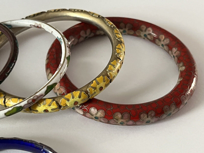 Vintage Cloisonne Enamel Floral Bangle Hinged Bracelet Lot Of 7