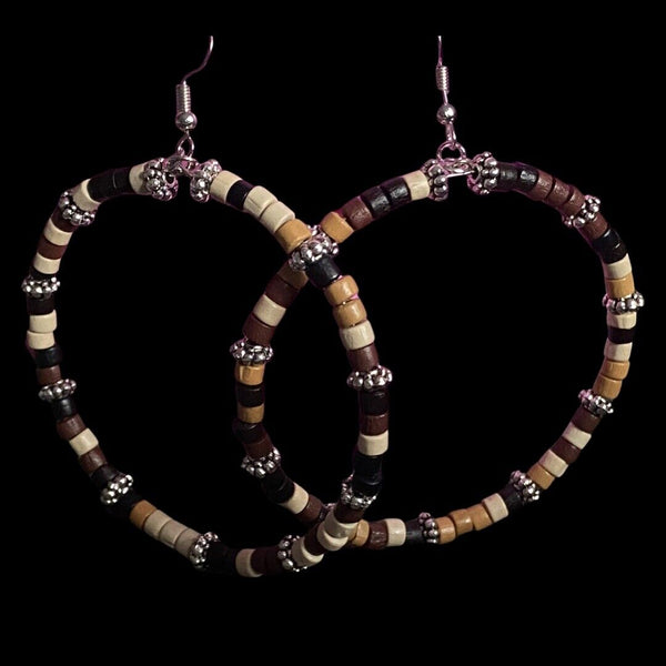 Handmade Crazy Mix Hoop Wood Bead Brown Silver Tone Earrings 2.5"