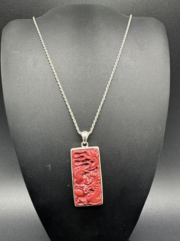 Sterling Silver 925 Art Deco Style Carved Cinnabar Dragon Pendant Necklace 18”