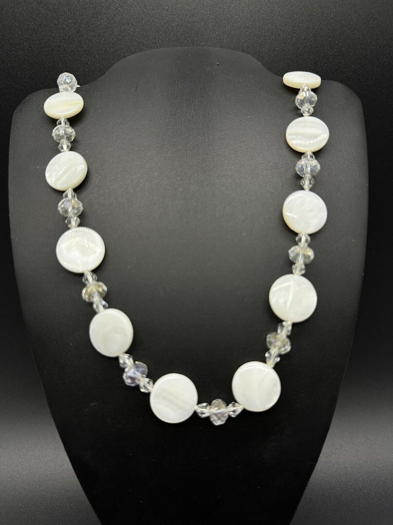 Mother of Pearl White Bead Crystal Necklace 44”