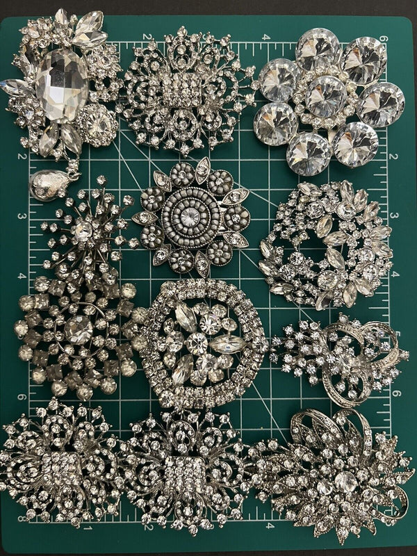 LOT OF 12 SILVER TONE 'SPARKLE RHINESTONE' BROOCHES, ASSORTMENT, VINTAGE-NOW