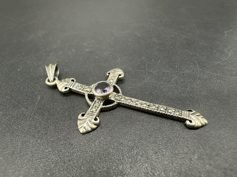 VINTAGE 925 Sterling Silver Amethyst Cross Pendant 4Gs~2”