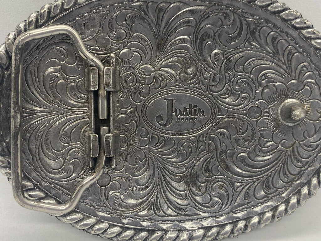 JUSTIN BRAND SILVER TONE WESTERN BELT BUCKLE