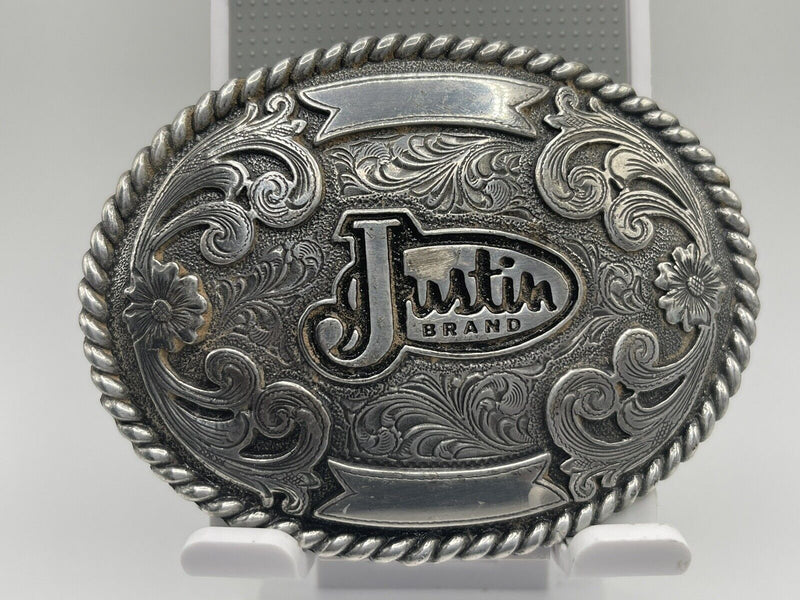 Justin brand western silver cowboy belt buckle