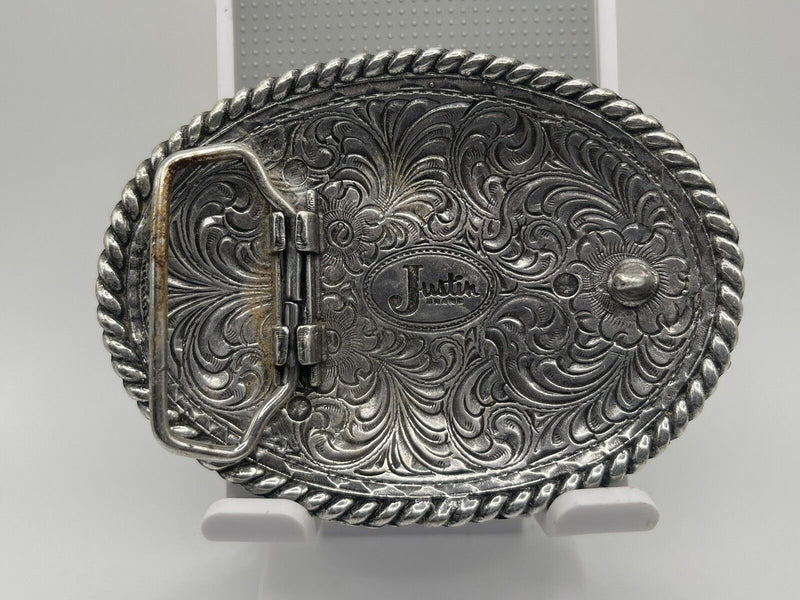 Justin brand western silver cowboy belt buckle