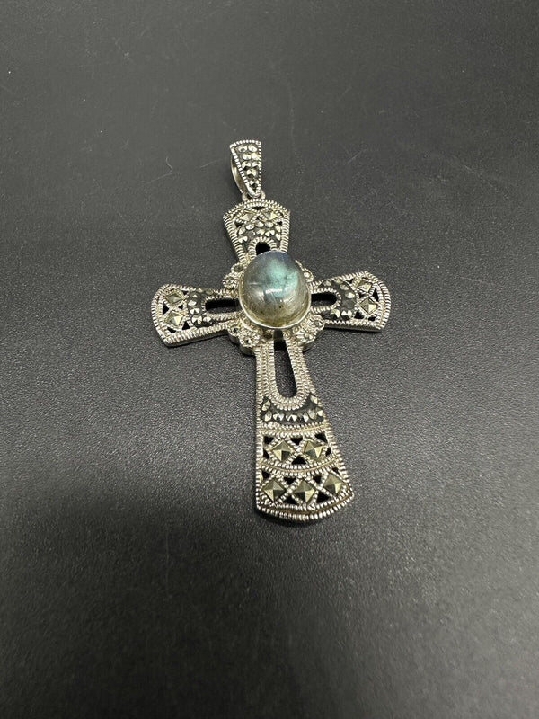 925 Sterling Silver Marcasite Cross Pendant Signed 8Gs