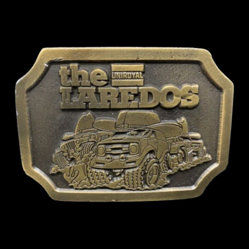 VINTAGE 1970s **THE LAREDOS (UNIROYAL TIRES)** BRASSTONE BELT BUCKLE