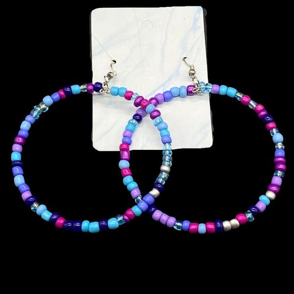 Handmade Crazy Mix Hoop Bead Earrings Blue Multicolor 2.5"