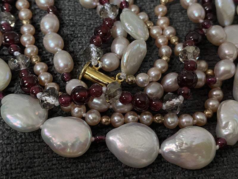 Vintage Freshwater Cultured Pearl Garnet Multi Strand Gold Tone Necklace 18"