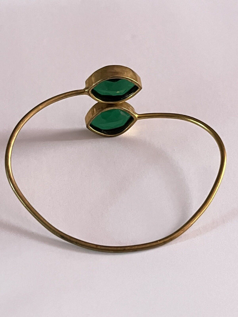 Vintage Emerald Glass Stone Double Stone Gold Plated Adjustable Bangle 7.5”