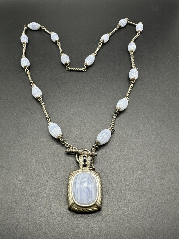 Judith Ripka Elegant Sterling Silver Blue Agate Sapphire Pendant Necklace 32”