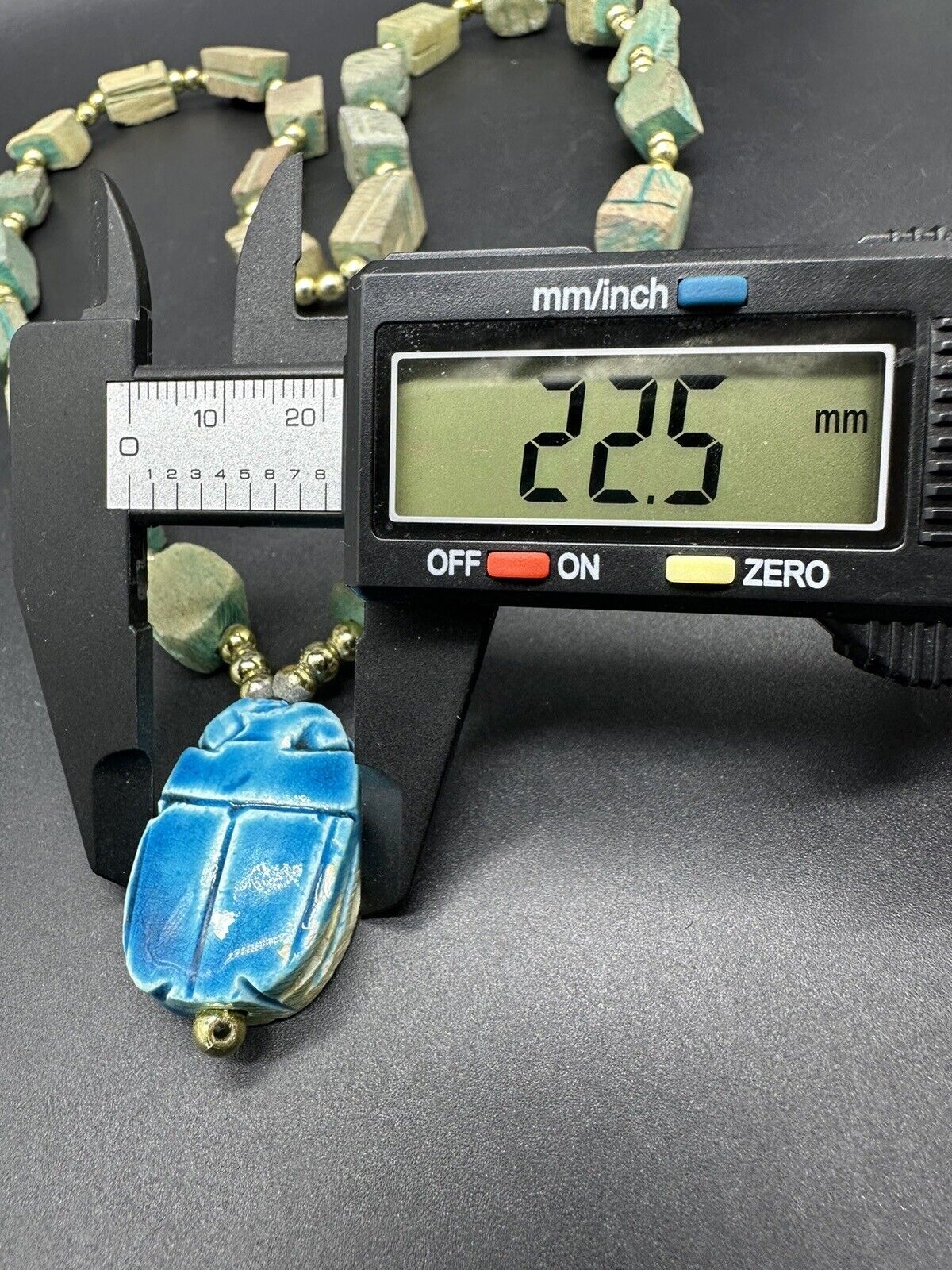 Turquoise Carved Soap Stone Scarab Egyptian Necklace 26” Vintage Signed