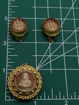 Vintage Cameo Locket and Earrings Three Women Graces Gold Tone