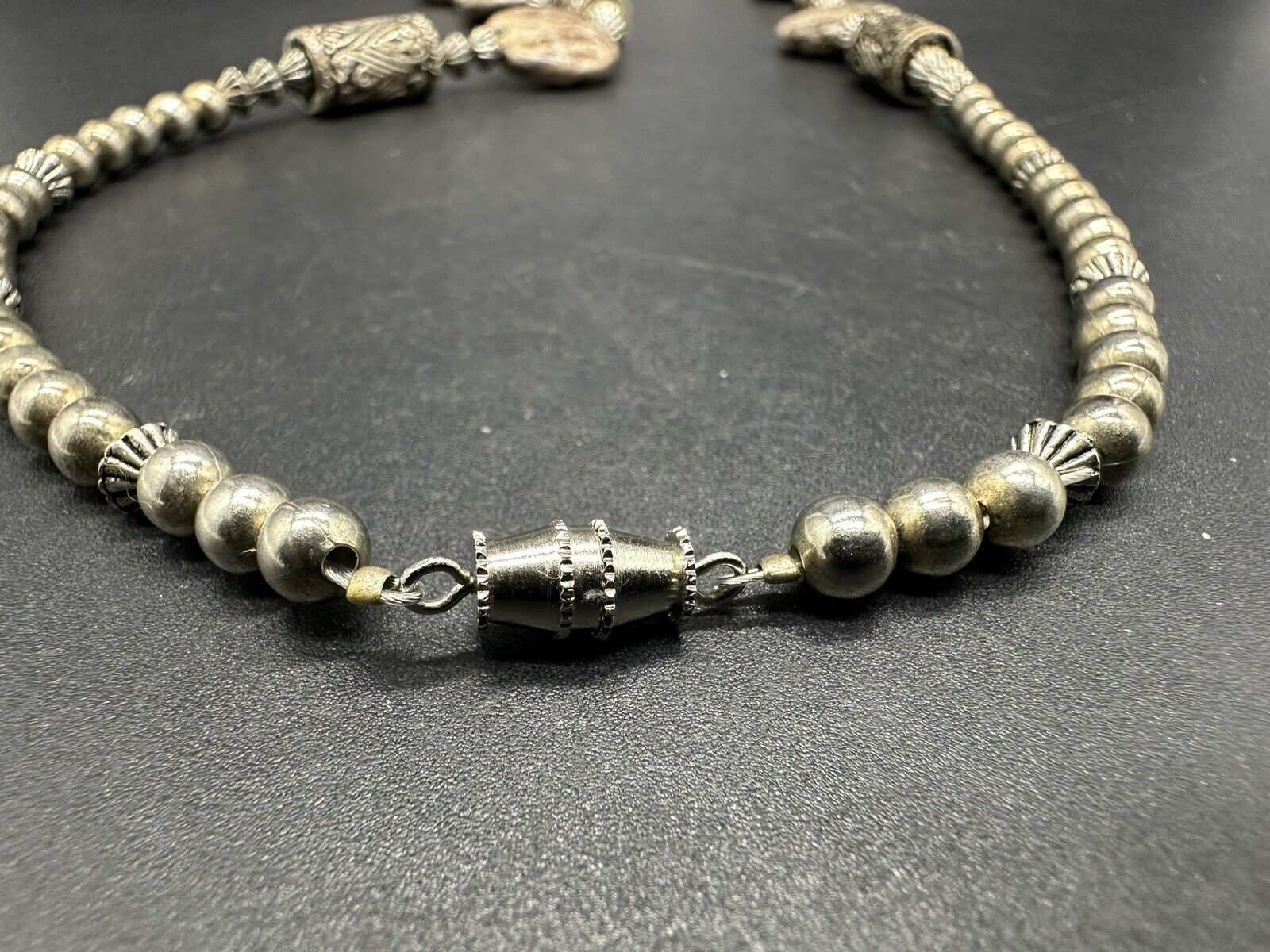 Vintage Silver Tone Jasper? Flat Beaded Necklace Tribal Carved  22”