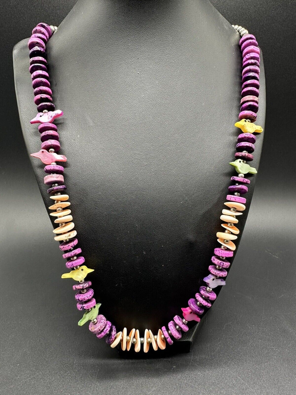 Fetish Birds  Shell Purple Bead Necklace 24” STUNNING!
