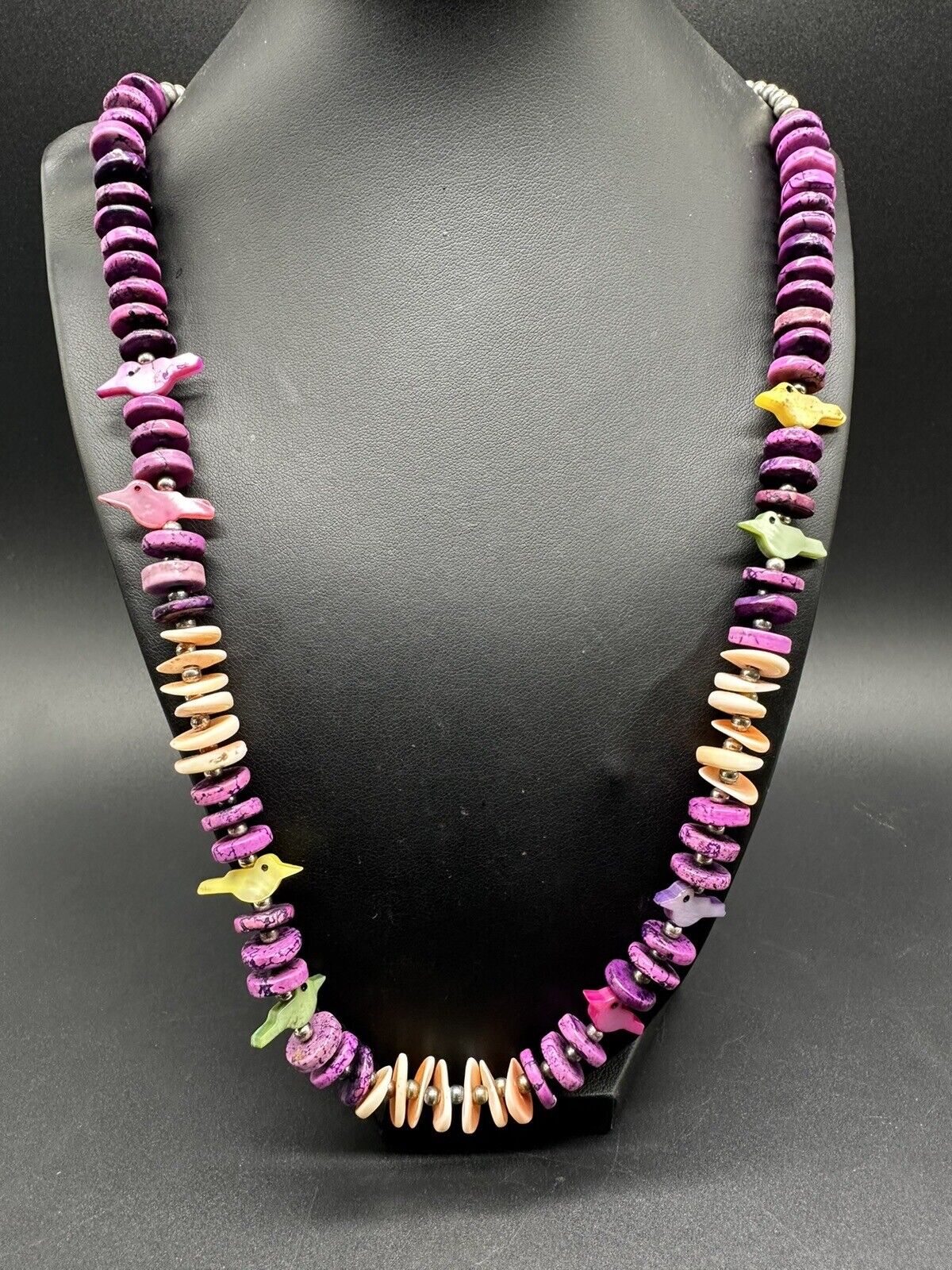 Fetish Birds  Shell Purple Bead Necklace 24” STUNNING!