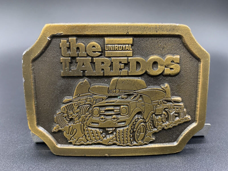 VINTAGE 1970s **THE LAREDOS (UNIROYAL TIRES)** BRASSTONE BELT BUCKLE