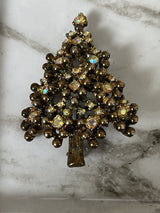 Vintage UnSigned Goldtone w/ Clear Rhinestone Christmas Tree Brooch Pin